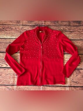 Belldini Red Rhinestone Zip Sweater Women Embellished Cardigan Size Medium